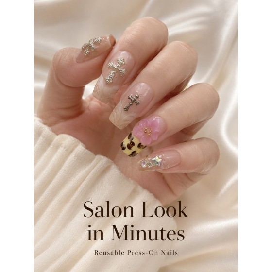 Retro Leopard Cross Charm Press‑On Nails, Nude Medium‑Long T‑Shape False Nails with 3D Pink Flower & Star AB Rhinestones